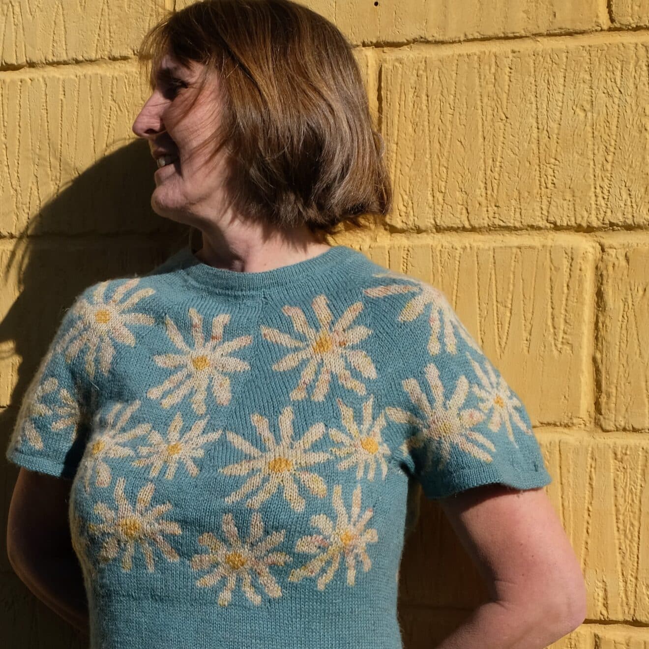 Garn til Daisy Star designet af Lisa Renner, Pure Knit and Purl. Strikket i Merino Linnen fra Imagine Wool og håndfarvet Merino Linnen af Garnfryd.